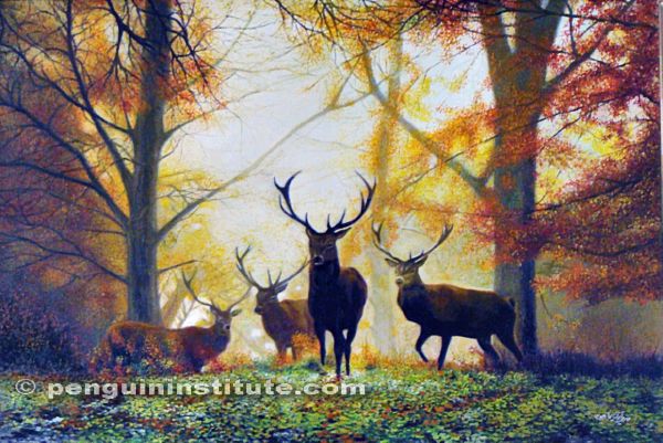 اثر نقاشی اوریجینال منظره طبیعت؛ سبک 'رئالیسم _ ناتورالیسم'؛ تکنیک 'رنگ روغن'؛ ابعاد '60 * 90' سانتیمتر؛ با نام گوزنها در پائیز
 //// Original nature landscape painting, movement 'realism - naturalism' ,technique 'Oil Painting' ,size '60 * 90' cm, named 'Deers in the Autumn'
